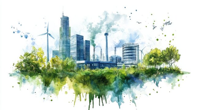 A vibrant depiction of an eco-friendly urban landscape featuring wind turbines and industrial buildings under a bright sky