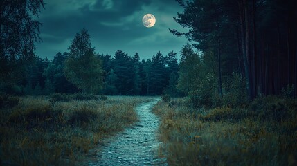 A tranquil moonlit pathway winding through a serene forest, evoking a sense of calm and mystery under the night sky.