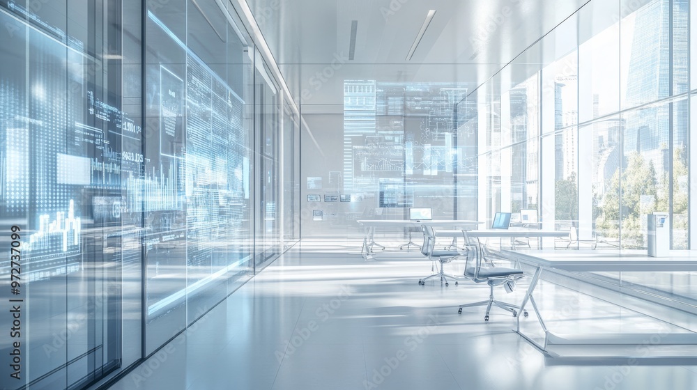Poster futuristic minimalistic office with floating digital screens and holographic data