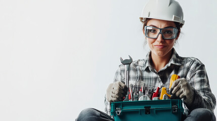 Fototapeta premium A woman wearing safety gear, including a hard hat and goggles, holds a toolkit and various tools with a slight smile on her face.