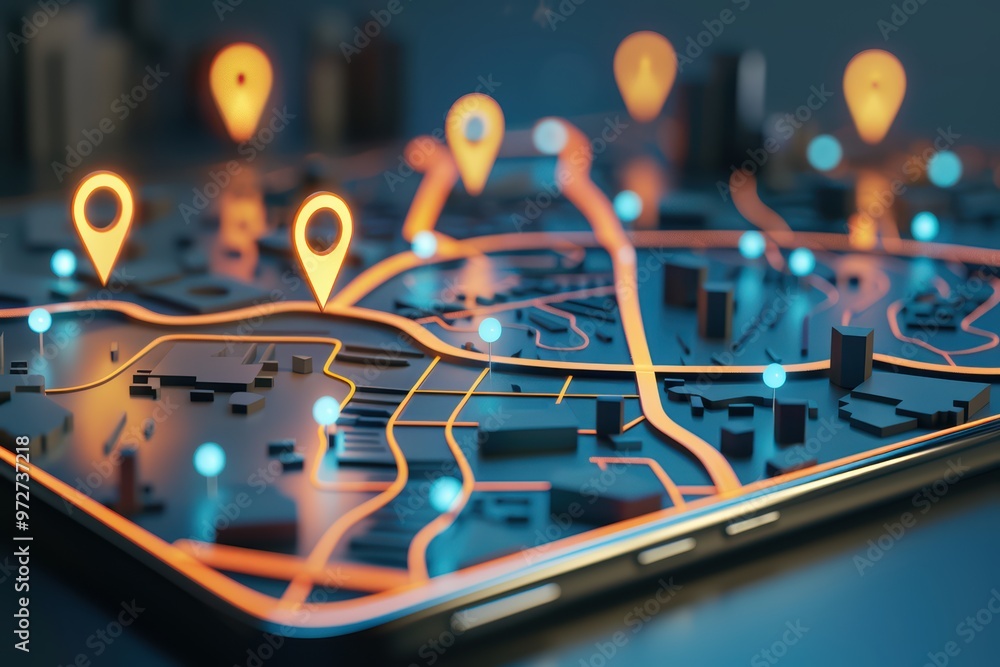 Poster a detailed digital map with glowing markers showcasing navigation and location technology in a moder