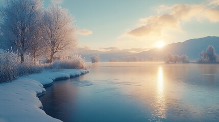 Fototapeta premium Discover the ethereal beauty of frozen lakes, where the stillness of the ice contrasts with the surrounding snowy landscape, offering a serene winter retreat. 4K hyperrealistic.