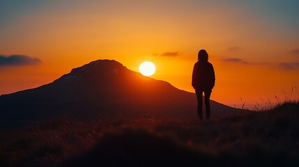 A serene sunset view with a silhouette of a person standing on a hill, capturing the essence of tranquility and nature's beauty.