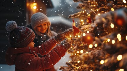 Naklejka premium Family decorating a Christmas tree outside, with snow gently falling and warm lights adding a festive glow. 4K hyperrealistic photo.
