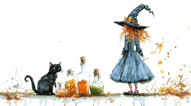 A young witch in a blue dress stands with a black cat beside colorful potion bottles in a whimsical, magical setting