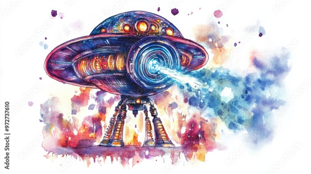 Poster a colorful depiction of a flying saucer hovering above a vibrant landscape during nighttime with a b
