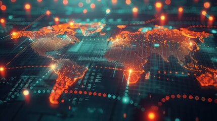 Fototapeta premium A digital world map illuminated with vibrant lights, representing global connectivity and technology integration.