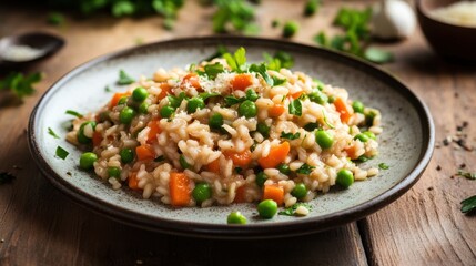 A plate of whole grain risotto with peas, carrots, and a light Parmesan cheese sauce.