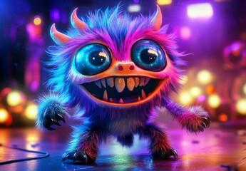 Obraz premium Cute 3D character dancing in a nightclub. Funny toothy alien having a good time in neon lights.