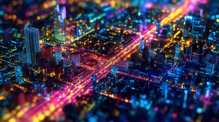 Obraz premium Heatmap of a city during rush hour, with vibrant colors showing the busiest streets and intersections, cooler tones representing less congested areas. 4K hyperrealistic photo.