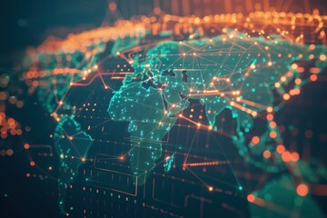 A futuristic digital world map showcasing interconnected networks and data flow, illustrating global connectivity and technology.