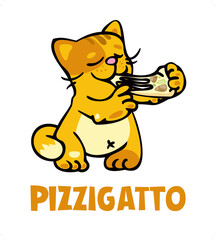 Funny red cat playing pizzicato with pizza slice