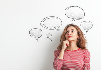 A thoughtful woman in a striped shirt looks upwards with hand on chin, surrounded by illustrated speech bubbles, suggesting she is contemplating ideas.