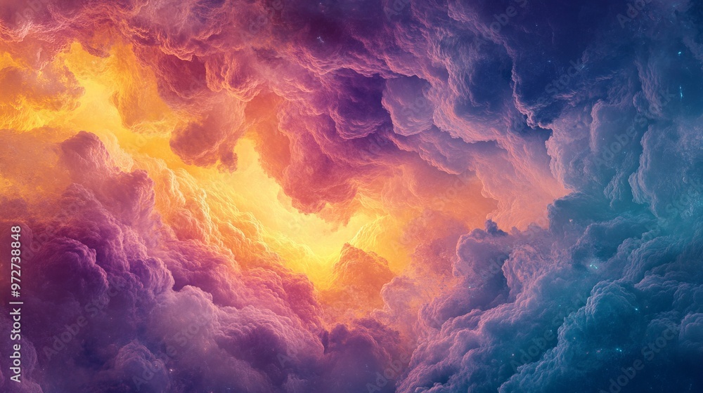 Poster a vibrant artwork featuring abstract clouds blending warm and cool hues, captivating the viewer with