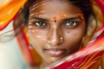 close up of a beautiful India woman with motion blur and fast zoom out 