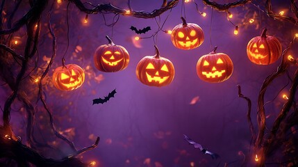 A Spooktacular Halloween Scene with Glowing Pumpkins and Flying Bats