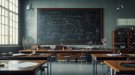 Mathematics, Chemistry Classroom with Chalkboard Equations and Geometric Tools, Ideal for Learning School Environment