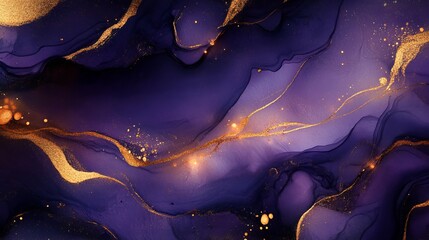 Luxury purple and gold stone marble texture. Alcohol ink technique abstract background. Modern paint with glitter. Template for banner, poster design.