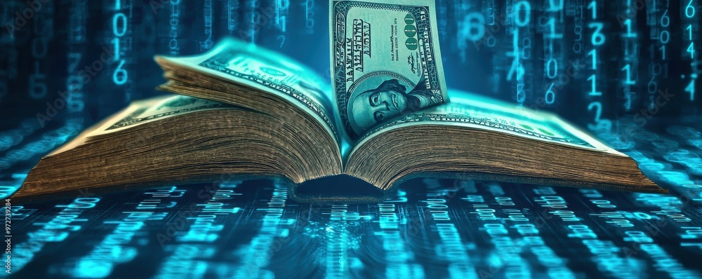 Poster digital collage depicting money and financial data integration in a technological environment