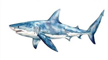 Obraz premium Realistic watercolor illustration of a great white shark swimming in ocean water with detailed textures and colors