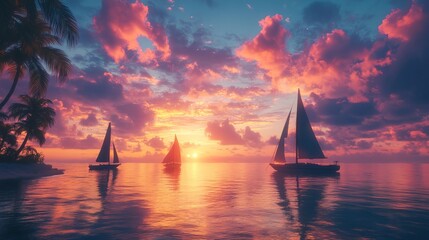 Vibrant sunset over a tropical island, with sailboats anchored in the calm waters and the sky ablaze with color. 4K hyperrealistic photo.