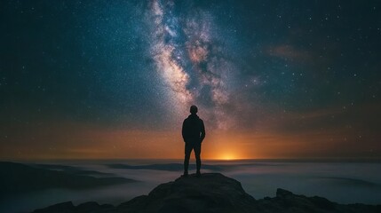 astronomy time long exposure landscape photography. A man standing in a high place looking up in wonder to the Milky Way galaxy