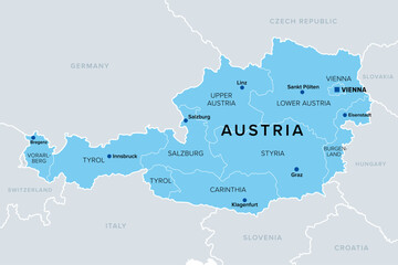 Fototapeta premium Austria with federal states, blue political map. The Republic of Austria, a landlocked country in Central Europe, with capital Vienna, consisting of nine federal states or provinces. Illustration.