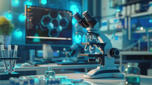 A modern laboratory setup featuring a microscope, test tubes, and a computer displaying molecular structures.