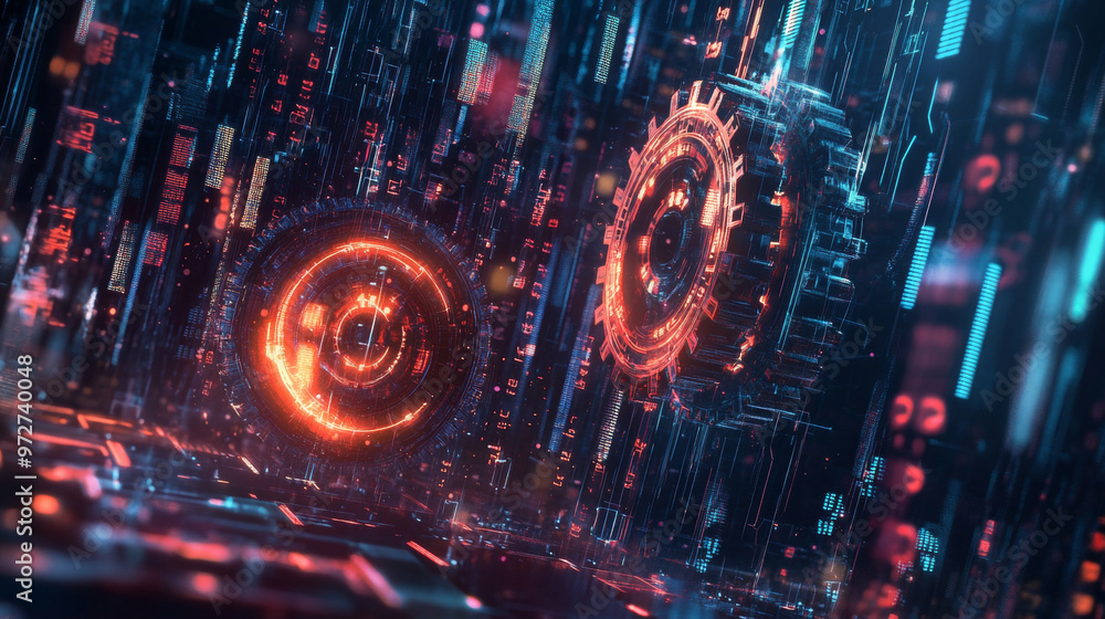 Poster a vibrant, watercolor inspired scene showcases large gears turning amidst backdrop of digital data s