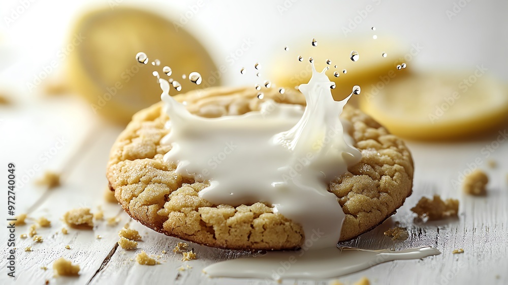 Poster close-up of a cookie with milk splashing over it.