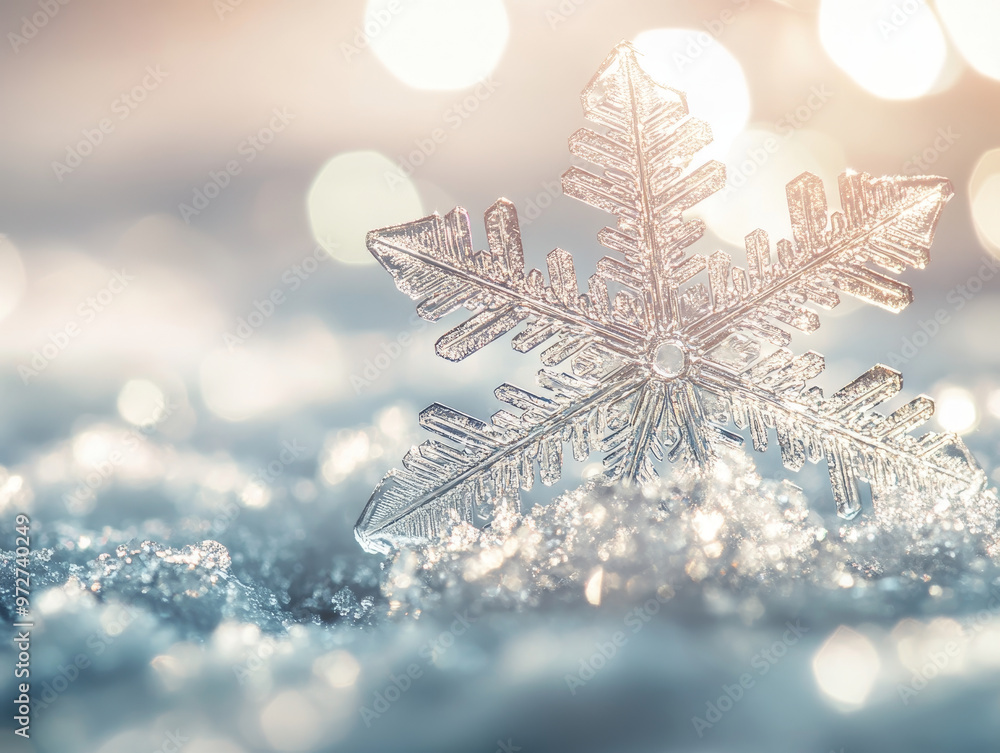 Poster a macro shot of snowflake, perfectly detailed and symmetrical, resting on bed of glistening snow. so