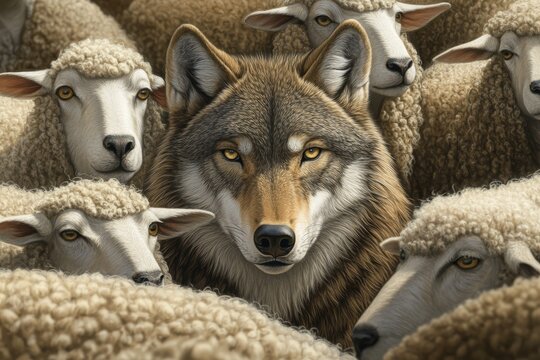 Wolf surrounded by sheep in a generative AI image.