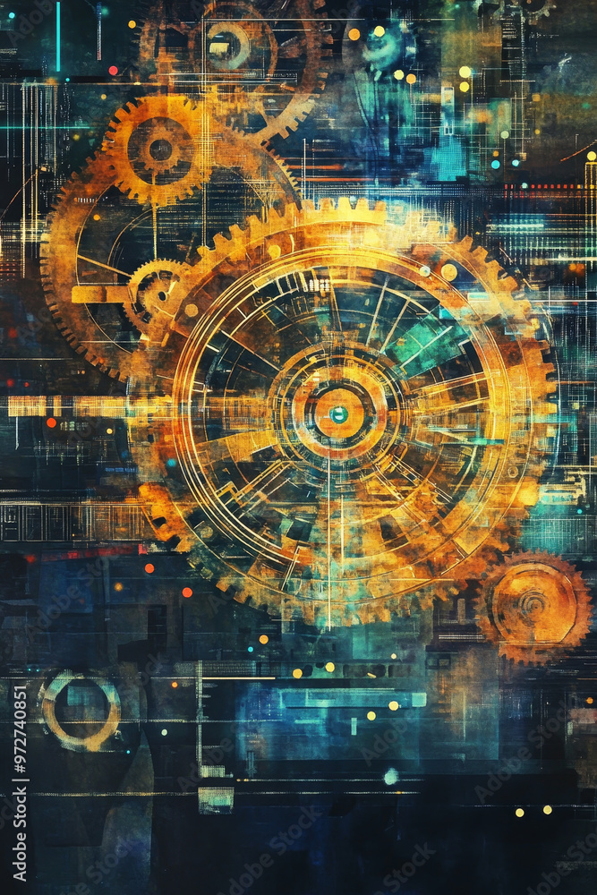 Poster futuristic watercolor design featuring large gears and intricate patterns, blending technology and a