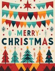 Obraz premium Christmas Flat Banner with Text - greeting flyer card featuring Merry Christmas typography, abstract shapes. Festive vibrant colors. Graphic art illustration poster