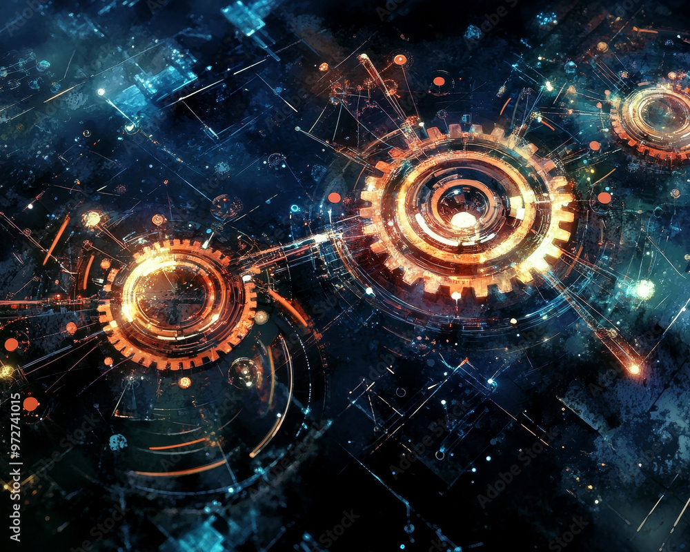 Aufkleber a captivating watercolor inspired abstract scene featuring intricate mechanical gears and vibrant co