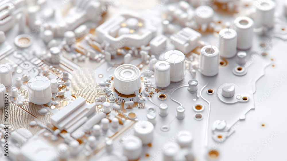Poster close-up of a white circuit board, displaying various electronic components arranged intricately, hi
