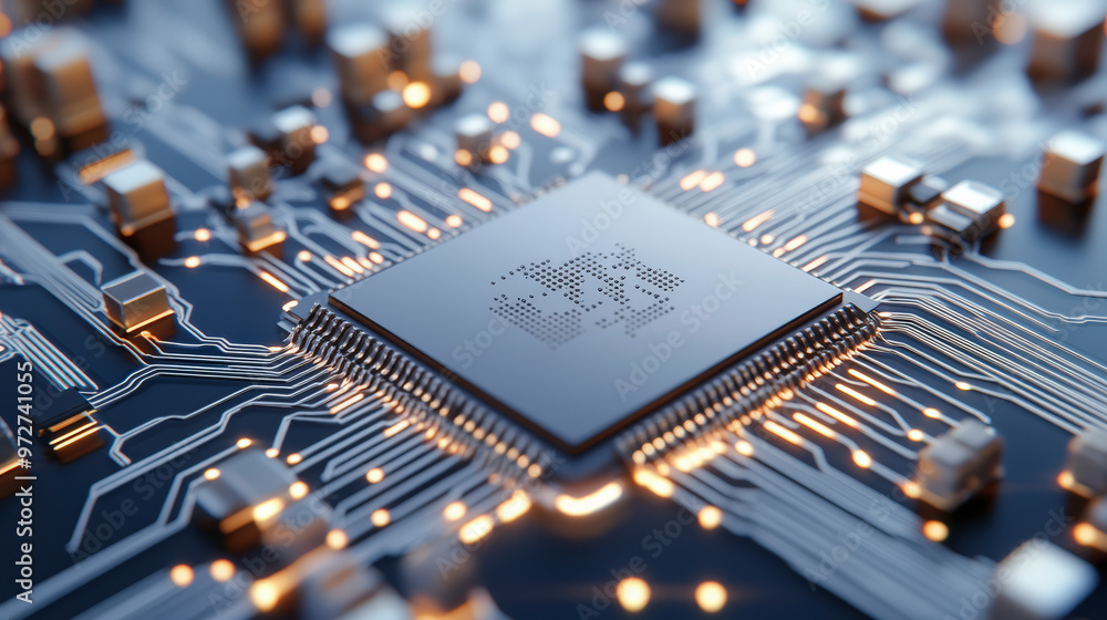 Poster a highly detailed computer processor chip with intricate circuitry, illuminated, signifying advanced