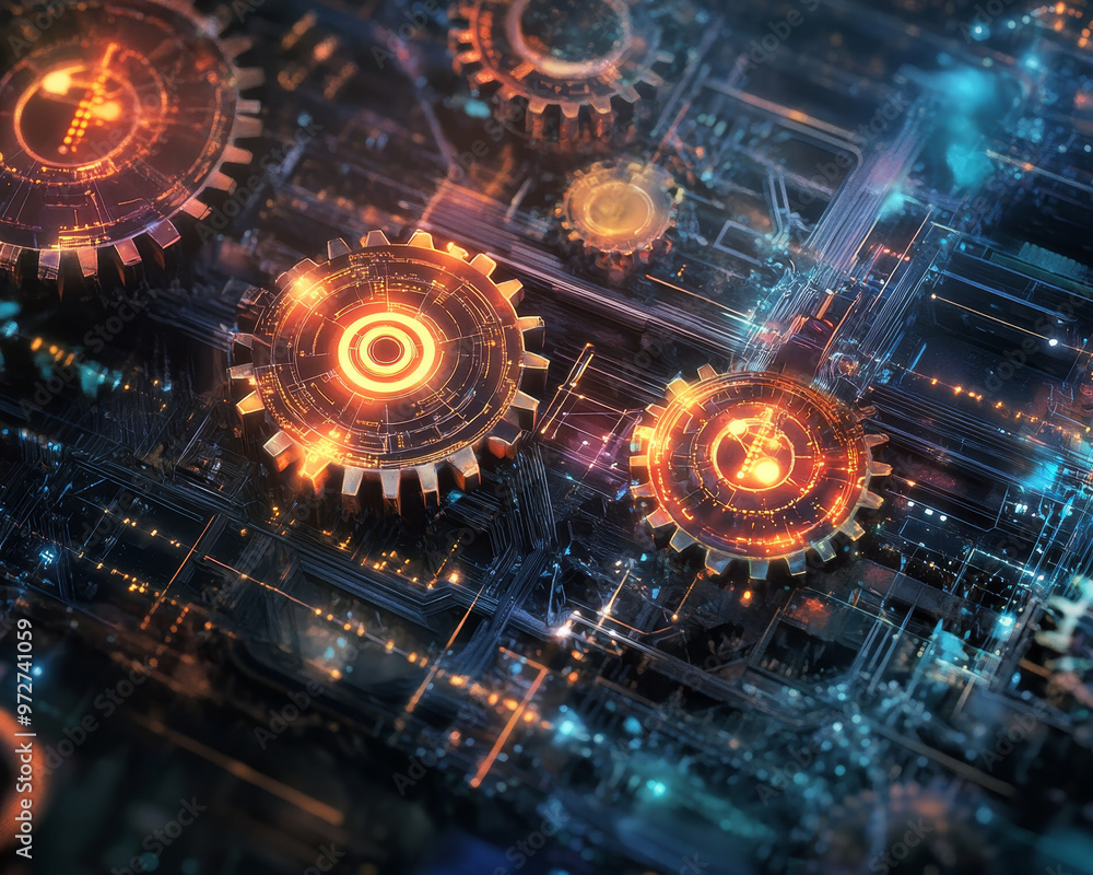 Poster a vibrant and intricate abstract scene featuring mechanical gears intertwined with network of glowin
