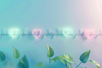 A serene composition featuring a heartbeat line and glowing hearts, reflecting themes of love and wellness with nature elements.