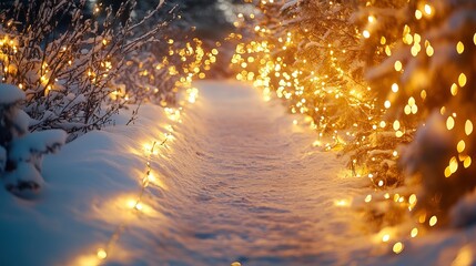 Naklejka premium Christmas lights on a snowy pathway, with a gradient from warm yellow to soft white, illuminating the night. 4K hyperrealistic photo.