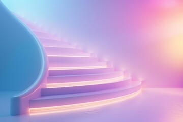 A serene spiral staircase illuminated with vibrant neon lights, creating an ethereal atmosphere in...