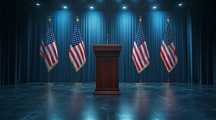 Podium and american flag in row, US presidential election