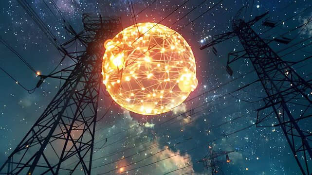 Electricity transmission towers with orange glowing wires the starry night sky. Energy infrastructure concept, energy, electricity, voltage, supply