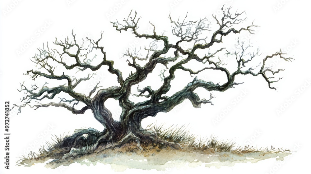 Aufkleber detailed illustration of a gnarled tree with twisted branches on a grassy hill during a cloudy day