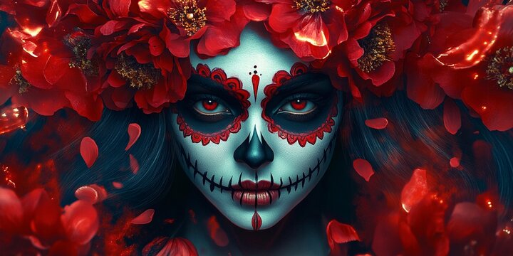 A woman dressed as La Catrina with sugar skull face paint and red flowers in her hair, celebrating D&iacute;a de los Muertos.
