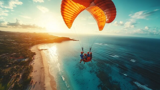 Adventurous couple parasailing over a tropical beach, with panoramic views of the ocean and coastline below. 4K hyperrealistic photo.