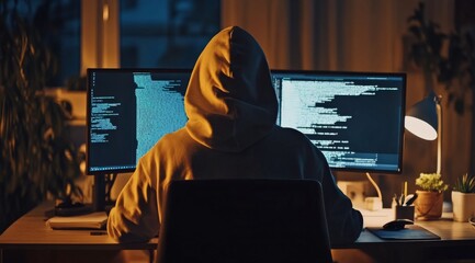  A hacker in a hoodie sits at a desk with a computer and monitor, representing the concept of a cyber attack. 