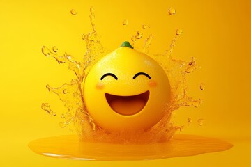 Stocke cartoon character featuring a crazy lemon splashing liquid juice on a yellow background