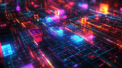 Obraz premium A complex yet visually appealing image featuring a grid of colorful rectangles and lines representing a sophisticated digital network. Neon hues create depth and movement.