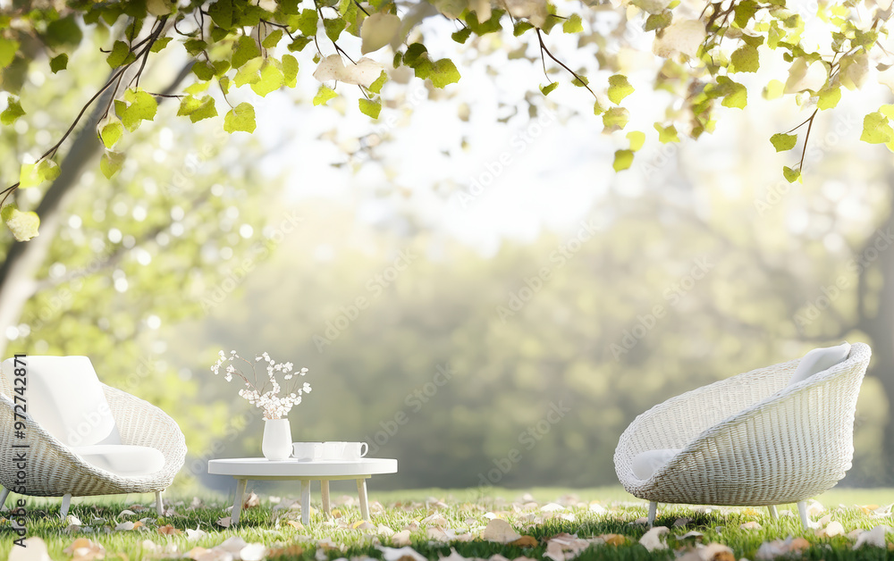 Poster two cozy white chairs and a small table set under a tree with light filtering through the leaves in 